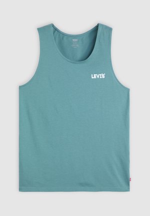 Türkiz színű, puha pamutból készült ujjatlan póló, amelynek kerek nyaka van, és az elülső bal oldalán fehér színű "LEVI’S" logó található. Egyenletes alsó szegély.
