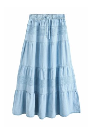 Hellblauer mehrstufiger Midirock mit elastischem Bund und Kordelzug, mit gerafften Details im oberen und mittleren Bereich.