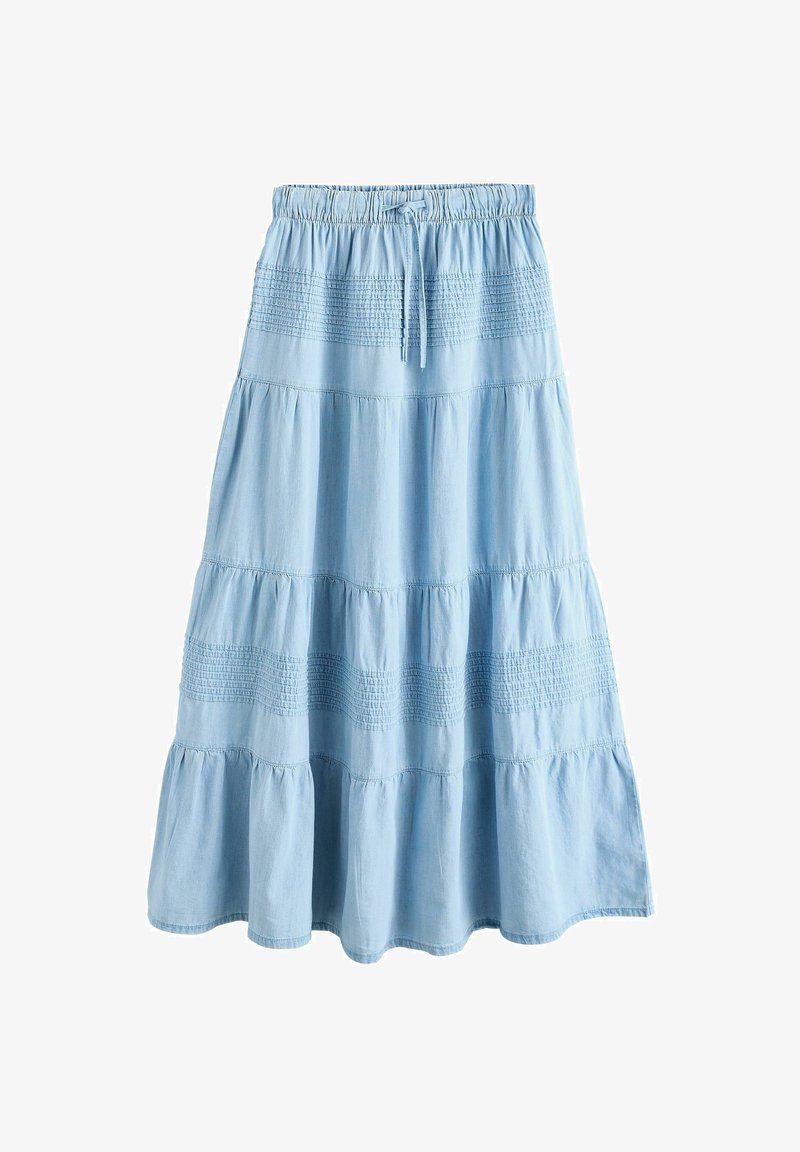 Jupe midi bleue claire à volants avec taille élastique et cordon de serrage, avec détails à smocks sur les parties supérieure et médiane.