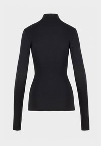 Schwarzes Langarmoberteil mit hohem Kragen, taillierter Passform und glatter Textur. Keine sichtbaren Muster oder Hardware-Details.