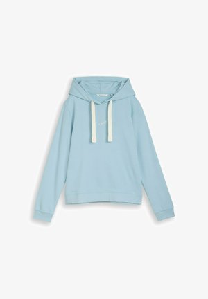 Felpa con cappuccio azzurro chiaro con maniche lunghe, coulisse bianche e piccolo ricamo bianco a forma di cuore e la scritta "xoxo" sul petto.