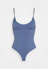 Niebieski bodysuit z prążkowanej tkaniny, z cienkimi regulowanymi ramiączkami, niskim dekoltem i wysokim wykrojem nogawki, zapewniającym smukły kształt i dopasowanie.