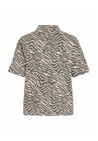 Kortermet skjorte i beige og mørkegrå med et zebra-stripe mønster, med spiss krage og detalj med bakstykket.