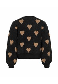 Czarny sweter o krótkim kroju, z beżowymi wzorami serc, ściągaczami przy mankietach i dolnym brzegu, wykonany z teksturowanego dzianinowego materiału.
