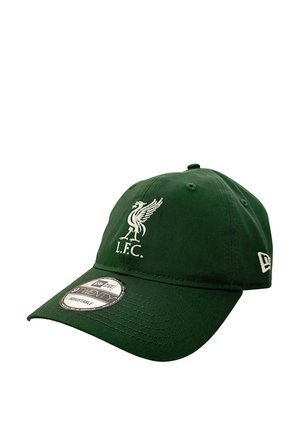 Dunkelgrüne Baseballkappe mit weißem "L.F.C." und Vogellogo vorne, New Era-Logo an der Seite und verstellbare Größeneinstellung als Aufkleber auf dem Schirm.