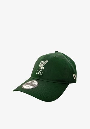 Dunkelgrüne Baseballkappe mit weißem "L.F.C." und Vogellogo vorne, New Era-Logo an der Seite und verstellbare Größeneinstellung als Aufkleber auf dem Schirm.