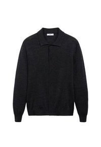 Dark gray cardigan, long sleeves, collared design, made of soft material, featuring a full button front and ribbed cuffs and hem.