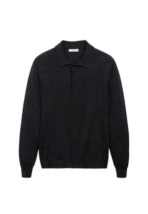 Dunkelgrauer Cardigan, lange Ärmel, mit Kragen, aus weichem Material, mit durchgehendem Knopfverschluss und gerippten Bündchen und Saum.