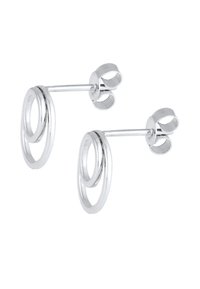 Orecchini a perno in argento con due design circolari interconnessi. Finitura liscia con superficie lucida e chiusure a farfalla sicure.