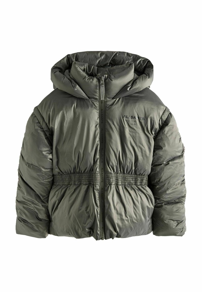 Giacca puffer verde con cappuccio, chiusura con zip, vita elasticizzata e dettagli con logo. Tessuto liscio e lucido con texture trapuntata.