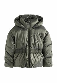 Vihreä puhvijacketti, jossa on huppu, vetoketjukiinnitys, joustava vyötärö ja logotunnistukset. Pehmeä, kiiltävä kangas, jossa on tikattu pinta.