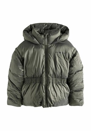 Roheline puffjakker, millel on kapuuts, tõmblukk, elastne vöökoht ja logodetailid. Sile, läikiv kanga materjal koos tikandiga tekstuuriga.