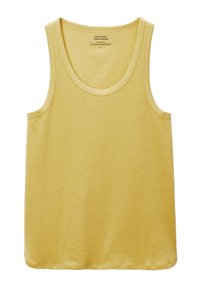 Débardeur en coton jaune avec un col rond et de larges bretelles. Texture lisse et ourlet droit, taille indiquée : petit.