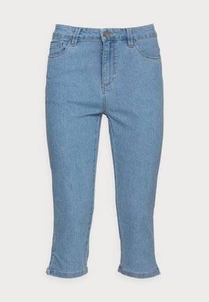 Lichtblauwe cropped spijkerbroek met knopen aan de voorkant, ritssluiting, ceintuurlussen en vijfzakkenontwerp.