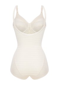 Crèmekleurige bodysuit met verstelbare schouderbanden, geribbelde textuur en een gladde afwerking, met gestructureerde cups en naadloze randen.