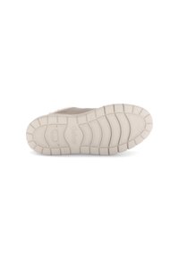 Semelle de chaussure beige clair avec un design en caoutchouc texturé. Présente des rainures pour l'adhérence et le logo "Gabor" en relief sur la semelle.