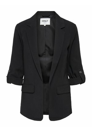 Blazer noir cintré avec manches retroussées, pattes à boutons, poches à rabat à l'avant et col cranté.