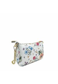 Clutch bag con motivo floreale realizzato in materiale bianco testurizzato, con chiusura a zip e tracolla in catena dorata.