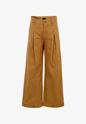 Pantaloni ampi color tan in misto cotone, caratterizzati da pieghe frontali, chiusura con bottone e polsini affusolati con bottoni all'orlo.