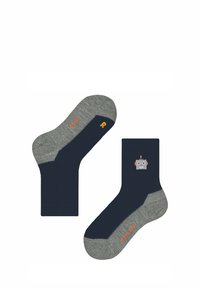 Calzini in cotone navy e grigi con un design di robot sulla parte superiore e testo del marchio arancione alla caviglia; texture a coste, taglio a mezza lunghezza.
