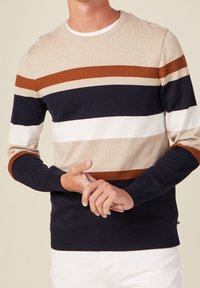 Pull en maille avec des rayures horizontales beige, marron, marine et blanches. Manches à bords côtelés et ourlet avec un col rond.