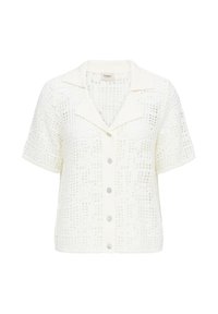 Haut blanc en crochet tricoté à manches courtes avec col et boutons sur le devant, présentant un motif à mailles ouvertes et une coupe décontractée.