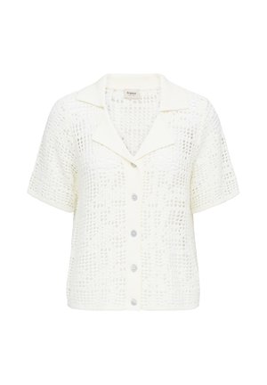 Haut blanc en crochet tricoté à manches courtes avec col et boutons sur le devant, présentant un motif à mailles ouvertes et une coupe décontractée.