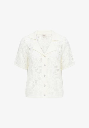 Bílý krátký rukáv pletený háčkovaný top s límečkem a předními knoflíky, s otevřeným vzorem tkaní a volným střihem.
