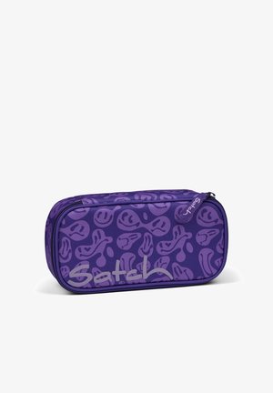 Purple rectangular pencil case with abstract smiley face patterns and "Satch" logo in light gray on the front, featuring a zipper closure.