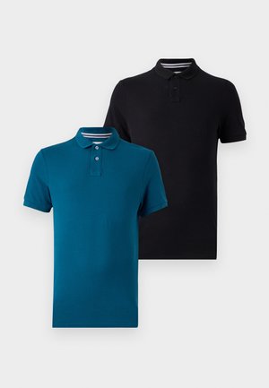 Two polo shirts: one in teal, one in black. Short sleeves, collared necklines with two buttons, smooth fabric, designed for casual wear.