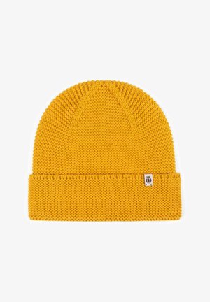 Knitted beanie in bright yellow, featuring a ribbed cuff and a textured, soft finish, with a small logo tag on the side.