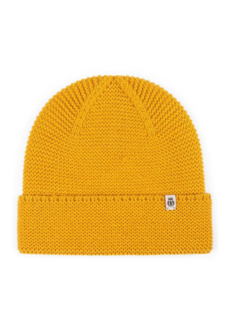 Knitted beanie in bright yellow, featuring a ribbed cuff and a textured, soft finish, with a small logo tag on the side.