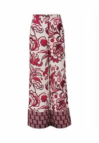 Pantalones de pierna ancha con cintura alta, estampado floral en rojo y blanco, y un ribete estampado en un fondo claro.