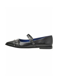 Black leather flat shoe with a pointed toe, featuring a decorative strap and buckle detail, and a contrasting blue interior.