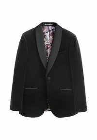 Zwarte fluwelen blazer met satijnen schouderkraag, twee voorzakken, één borstzak en een gemusterde binnenvoering. Knopsluiting aan de voorkant.