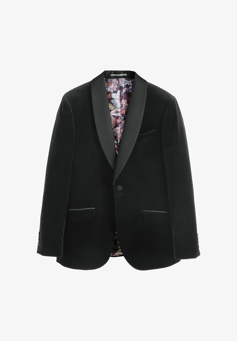 Zwarte fluwelen blazer met satijnen schouderkraag, twee voorzakken, één borstzak en een gemusterde binnenvoering. Knopsluiting aan de voorkant.