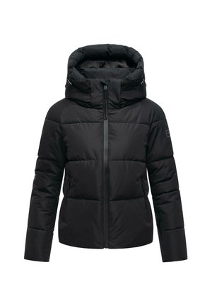 Melna pūkaina jaka ar augstu apkakli un noņemamu kapuci. Iekļauj priek�šējo rāvējslēdzēju, quilted dizainu ar redzamām šuvēm un sānu kabatām.