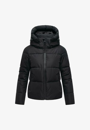 Giacca a vento nera con colletto alto e cappuccio rimovibile. Presenta una chiusura frontale con zip, un design trapuntato con cuciture visibili e tasche laterali.