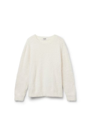 Soft, long-sleeve white fuzzy sweater with crew neck, made of plush fabric, displayed against a white background.