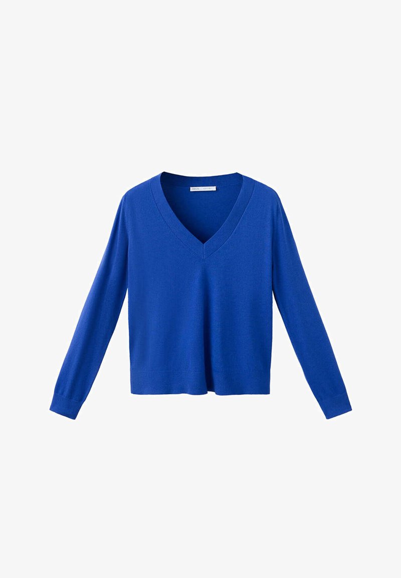 Pull bleu à manches longues avec col en V, poignets et ourlet côtelés, présenté sur fond blanc.