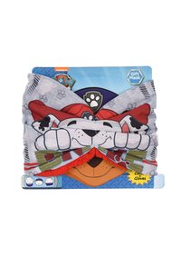 Set de masques en thème de Paw Patrol comprenant un masque doux et rembourré avec un design de visage de chien en gris, rouge et bleu, plus une étiquette pour "Gants".