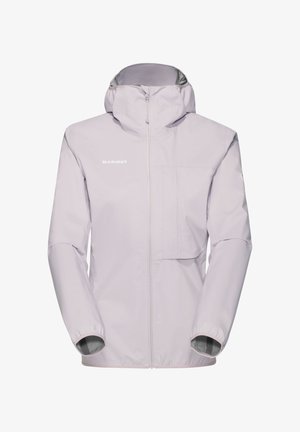 Licht paarse waterdichte jas met een volledige ritssluiting, verstelbare capuchon en een zak aan de voorkant. Heeft elastische manchetten en een logo op de borst.