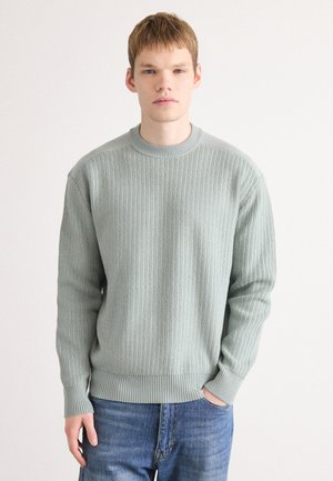Light green knitted sweater with ribbed texture, crew neckline, and long sleeves. Worn with blue jeans, showing visible stitching details.