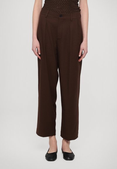 Brown wide-leg trousers with a high waist, featuring a single button closure, front pleats, and side pockets. Fabric appears smooth and soft.