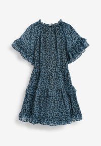 Tiered dress made of sheer blue fabric featuring a black leopard print, ruffled sleeves, and a gathered neckline.
