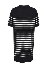 Czarny i biały pasiasty T-shirt z krótkim rękawem. Poziome paski na jednolitym czarnym tle. Podstawowy krój z okrągłym dekoltem, miękka tekstura.