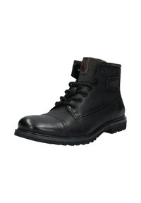 Schwarze Lederstiefeletten mit abgerundeter Spitze, strukturiertem braunem Knöchelriemen und Schnürsenkeln. Verfügt über eine robuste Sohle für besseren Halt.