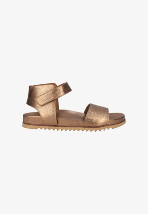Bronze leather sandal with two wide straps and a textured finish. Features a flat sole with treads for grip and comfort.