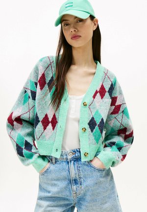 Mintgroene cardigan met een ruitpatroon in rood, navy en wit. Bevat grote knopen, ribgebreide randen en ballonmouwen over een witte top.