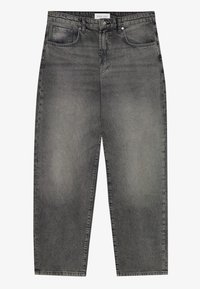 Grey denim jeans with a loose fit, featuring five pockets, a zip fly, and subtle fading. Classic straight leg design and top-stitched seams.